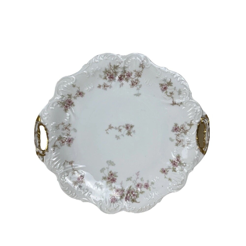 Antique Elite Works Limoges France Pink Green Floral Serving Plate‎ Golden Hdls